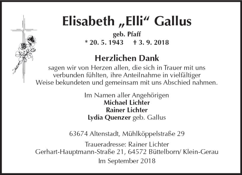  Traueranzeige für Elisabeth Gallus vom 22.09.2018 aus vrm-trauer