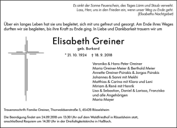 Traueranzeige von Elisabeth Greiner von vrm-trauer
