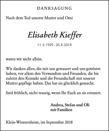 Traueranzeige von Elisabeth Kieffer von vrm-trauer