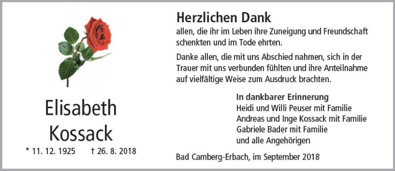  Traueranzeige für Elisabeth Kossack vom 13.09.2018 aus  Camberger Anzeiger