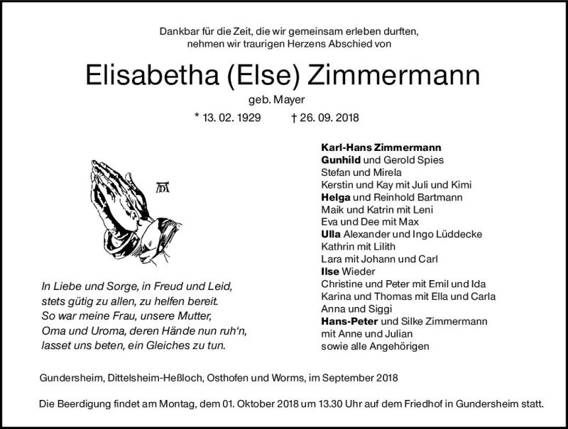  Traueranzeige für Elisabetha  Zimmermann vom 28.09.2018 aus vrm-trauer
