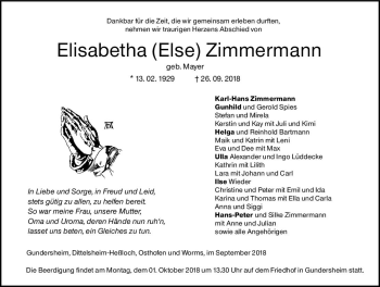 Traueranzeige von Elisabetha  Zimmermann von vrm-trauer