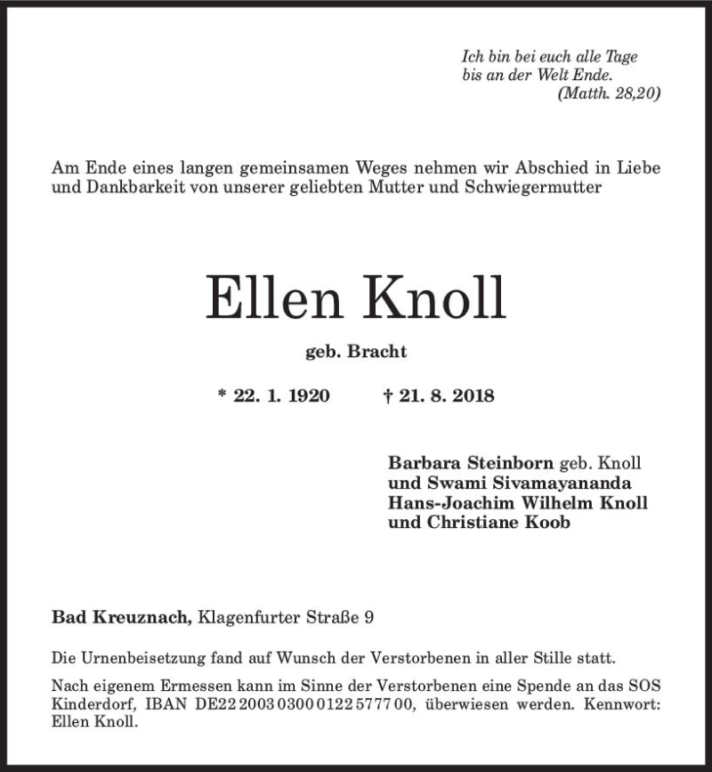  Traueranzeige für Ellen Knoll vom 15.09.2018 aus vrm-trauer
