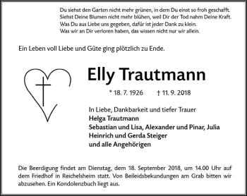 Traueranzeige von Elly Trautmann von vrm-trauer