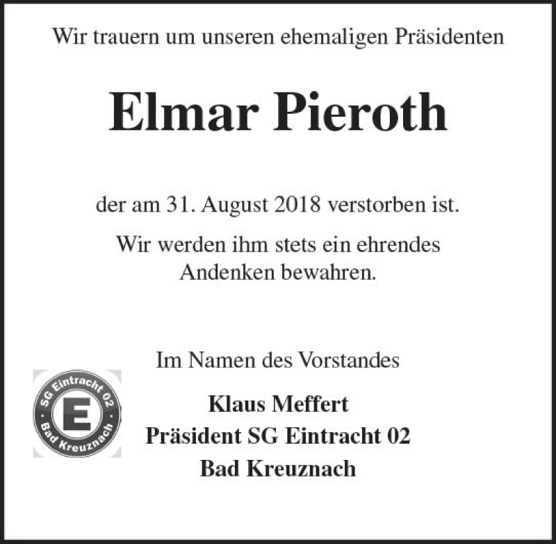  Traueranzeige für Elmar Pieroth vom 12.09.2018 aus vrm-trauer