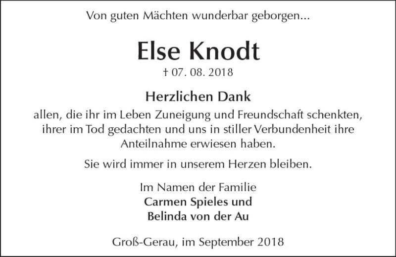  Traueranzeige für Else Knodt vom 08.09.2018 aus vrm-trauer