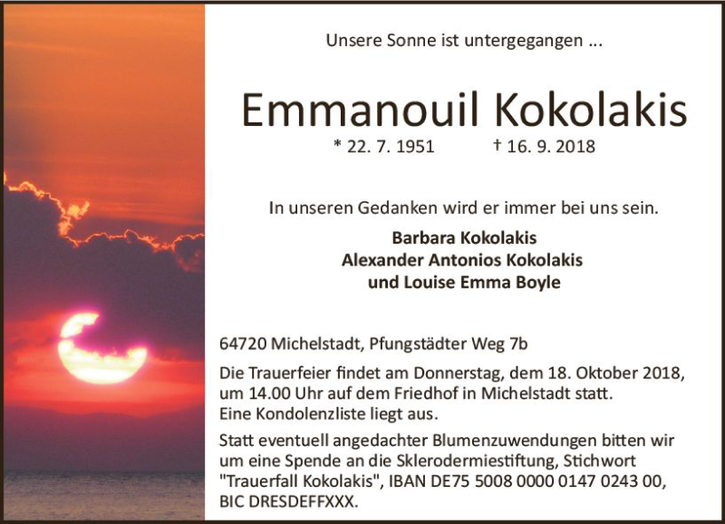  Traueranzeige für Emmanouil Kokolakis vom 22.09.2018 aus vrm-trauer