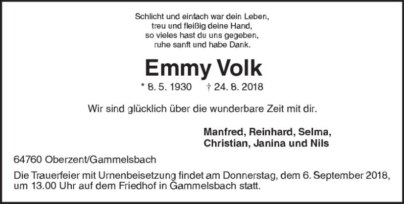  Traueranzeige für Emmy Volk vom 04.09.2018 aus vrm-trauer