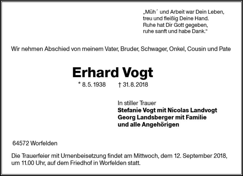  Traueranzeige für Erhard Vogt vom 08.09.2018 aus vrm-trauer