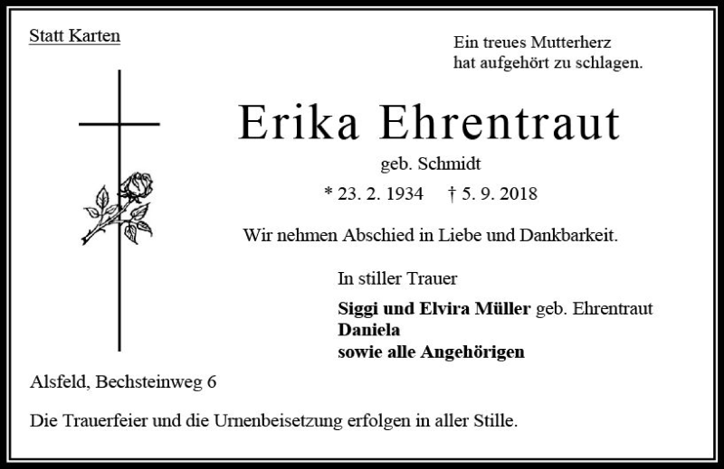  Traueranzeige für Erika Ehrentraut vom 08.09.2018 aus VRM Trauer