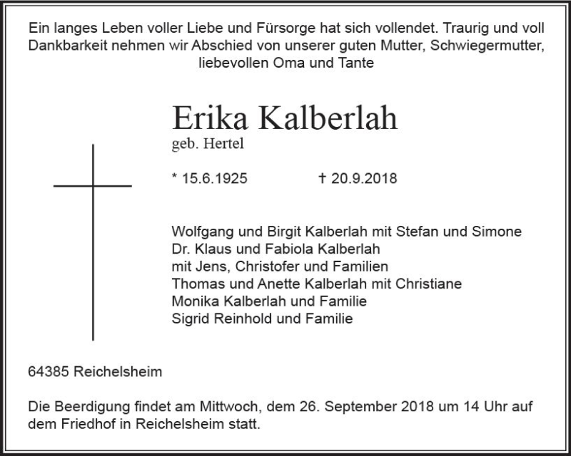  Traueranzeige für Erika Kalberlah vom 22.09.2018 aus vrm-trauer