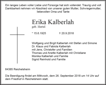 Traueranzeige von Erika Kalberlah von vrm-trauer