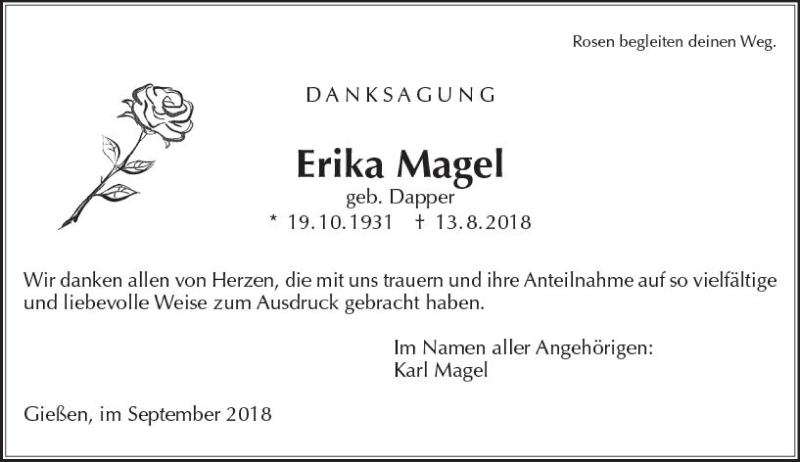  Traueranzeige für Erika Magel vom 08.09.2018 aus  Gießener Anzeiger