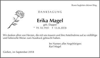 Traueranzeige von Erika Magel von  Gießener Anzeiger