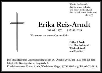 Traueranzeige von Erika Reis-Arndt von vrm-trauer