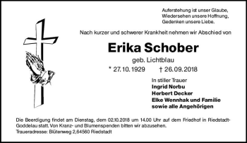 Traueranzeige von Erika Schober von vrm-trauer