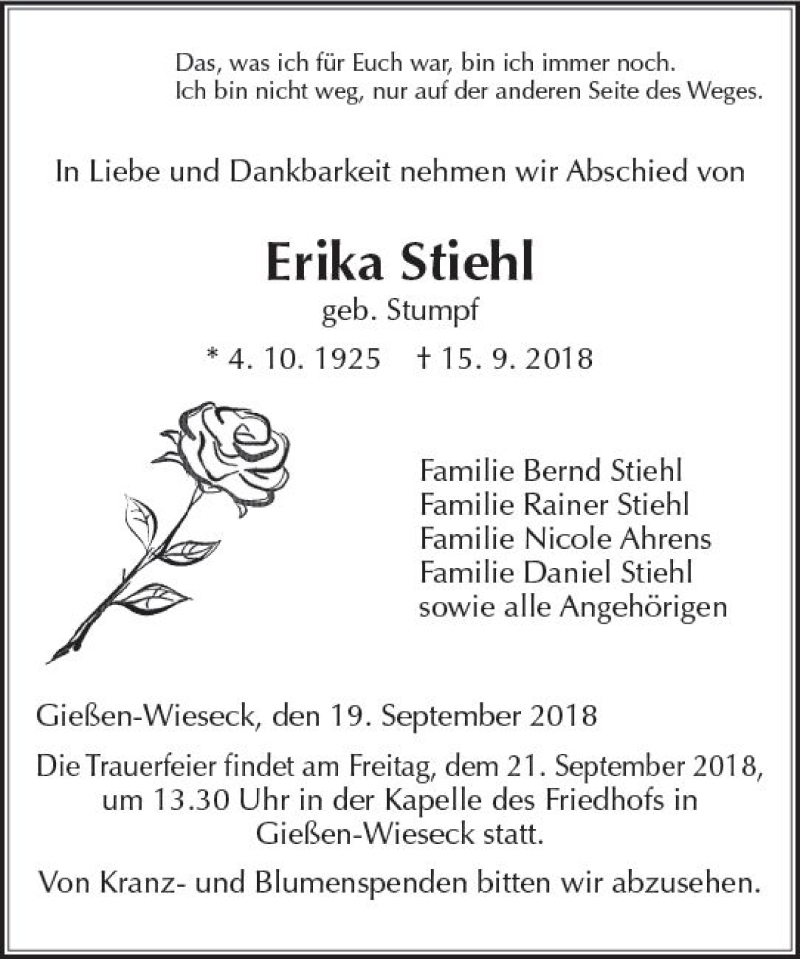  Traueranzeige für Erika Stiehl vom 19.09.2018 aus  Gießener Anzeiger