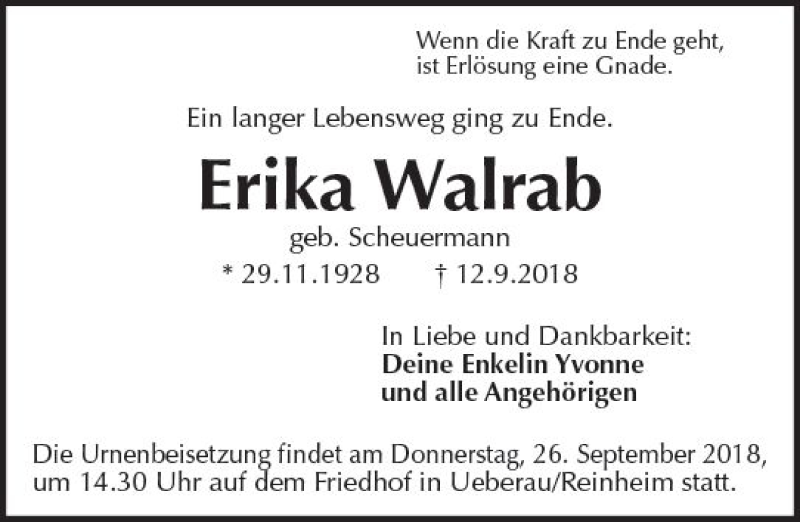  Traueranzeige für Erika Walrab vom 22.09.2018 aus vrm-trauer