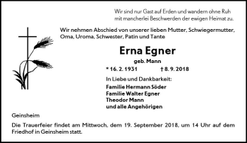 Traueranzeige von Erna Egner von vrm-trauer