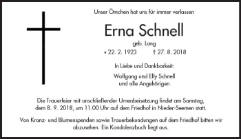 Traueranzeige von Erna Schnell von  Kreisanzeiger