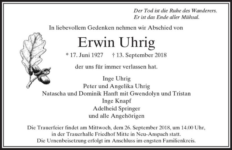  Traueranzeige für Erwin Uhrig vom 19.09.2018 aus  Usinger Anzeiger