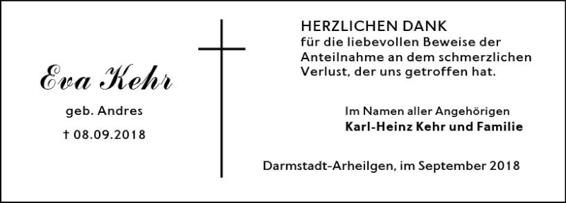  Traueranzeige für Eva Kehr vom 22.09.2018 aus vrm-trauer