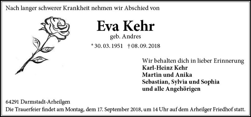  Traueranzeige für Eva Kehr vom 15.09.2018 aus vrm-trauer