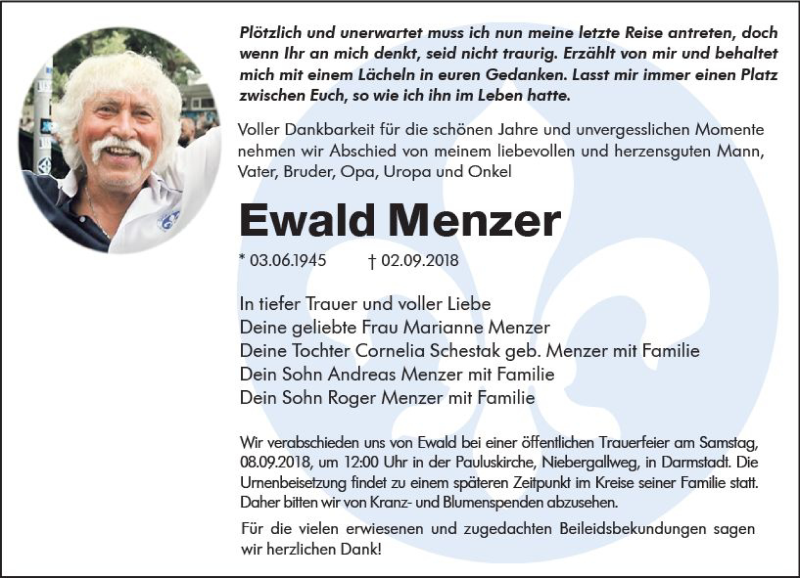  Traueranzeige für Ewald Menzer vom 07.09.2018 aus vrm-trauer