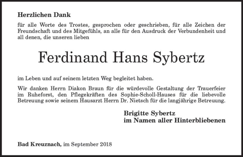  Traueranzeige für Ferdinand Hans Sybertz vom 08.09.2018 aus vrm-trauer