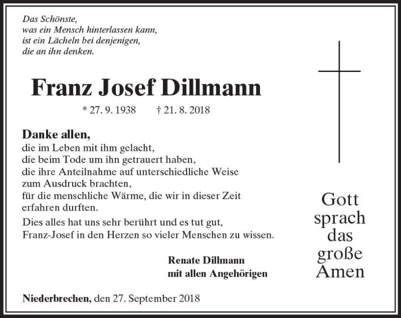  Traueranzeige für Franz Josef Dillmann vom 27.09.2018 aus  Camberger Anzeiger