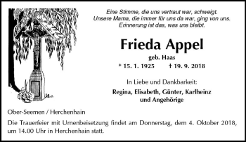 Traueranzeige von Frieda Appel von VRM Trauer