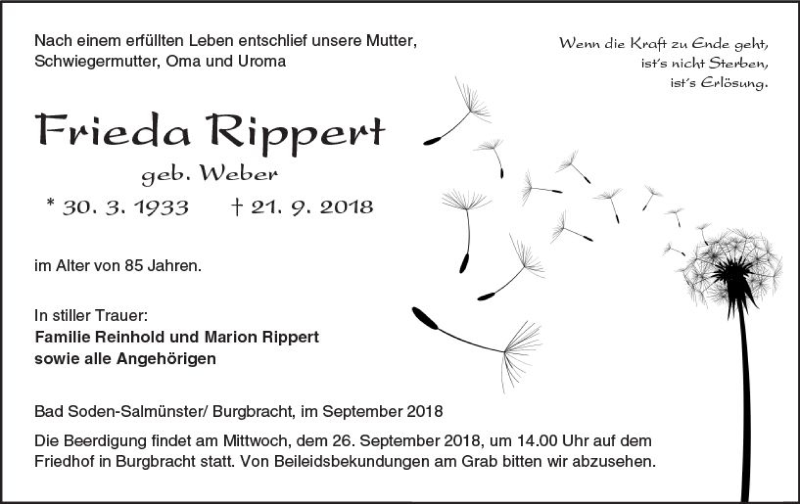  Traueranzeige für Frieda Rippert vom 25.09.2018 aus  Kreisanzeiger