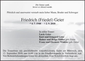 Traueranzeige von Friedrich  Geier von vrm-trauer