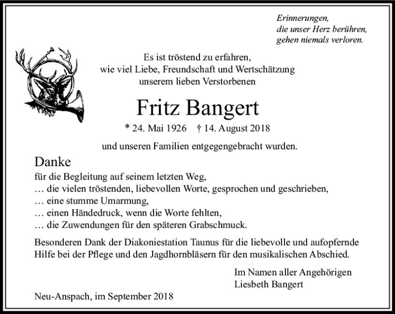  Traueranzeige für Fritz Bangert vom 15.09.2018 aus  Usinger Anzeiger