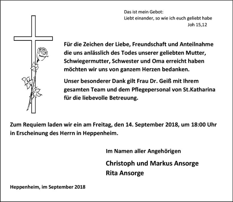  Traueranzeige für Für die Zeichen der Liebe vom 08.09.2018 aus vrm-trauer