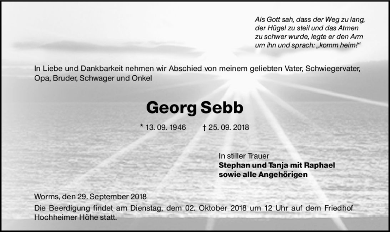  Traueranzeige für Georg Sebb vom 29.09.2018 aus vrm-trauer