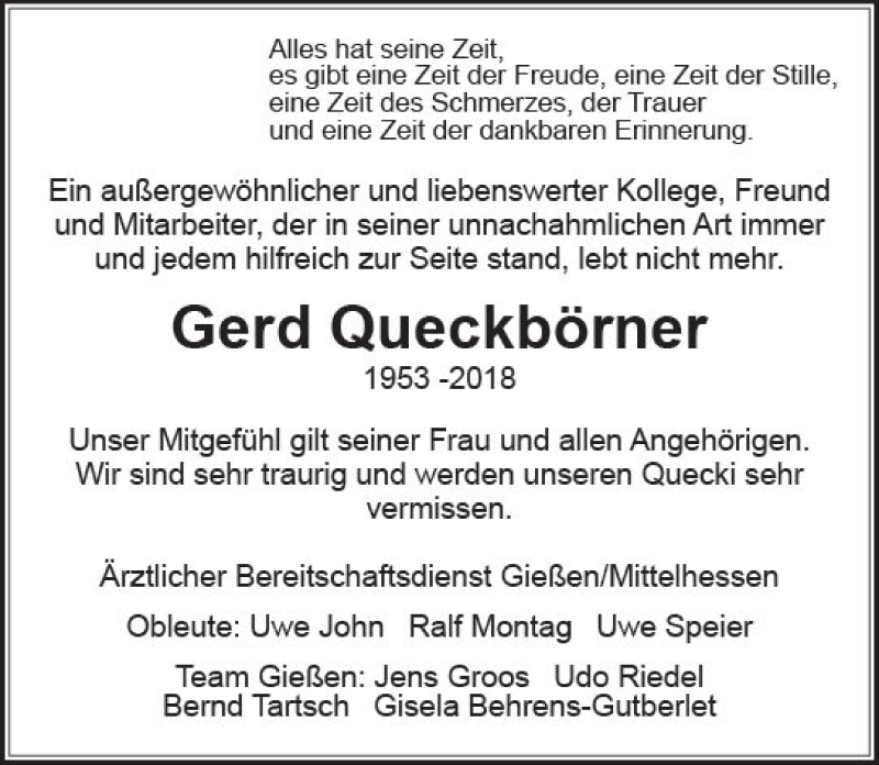  Traueranzeige für Gerd Queckbörner vom 22.09.2018 aus  Gießener Anzeiger