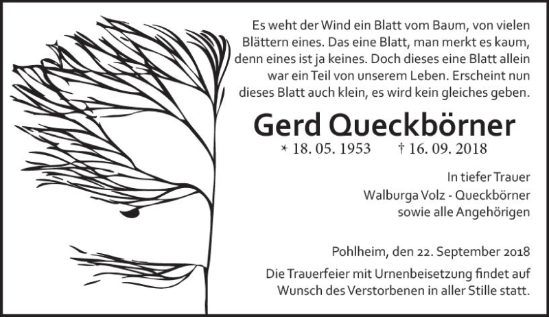  Traueranzeige für Gerd Queckbörner vom 22.09.2018 aus  Gießener Anzeiger