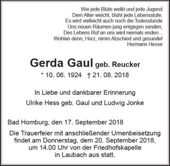 Traueranzeige von Gerda Gaul von  Gießener Anzeiger