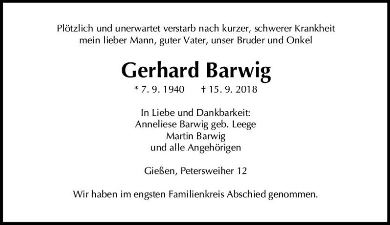  Traueranzeige für Gerhard Barwig vom 29.09.2018 aus  Gießener Anzeiger