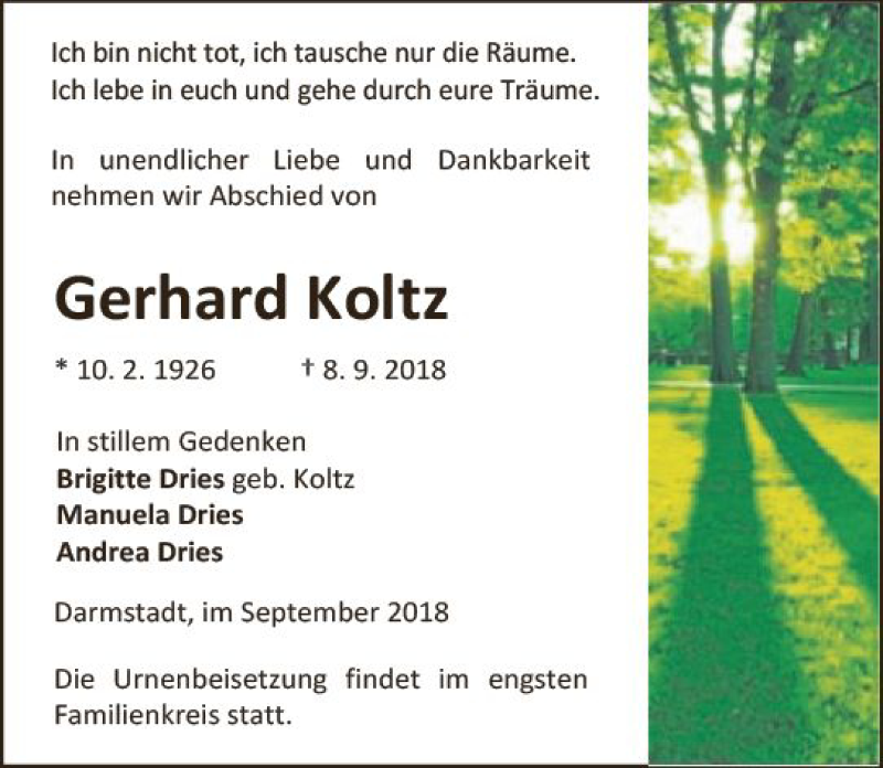  Traueranzeige für Gerhard Koltz vom 29.09.2018 aus vrm-trauer