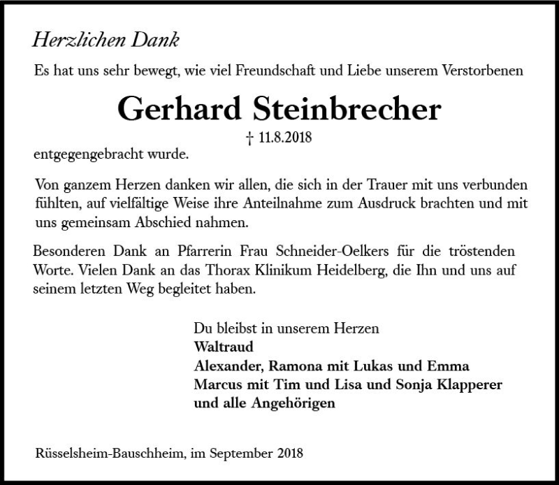  Traueranzeige für Gerhard Steinbrecher vom 15.09.2018 aus vrm-trauer