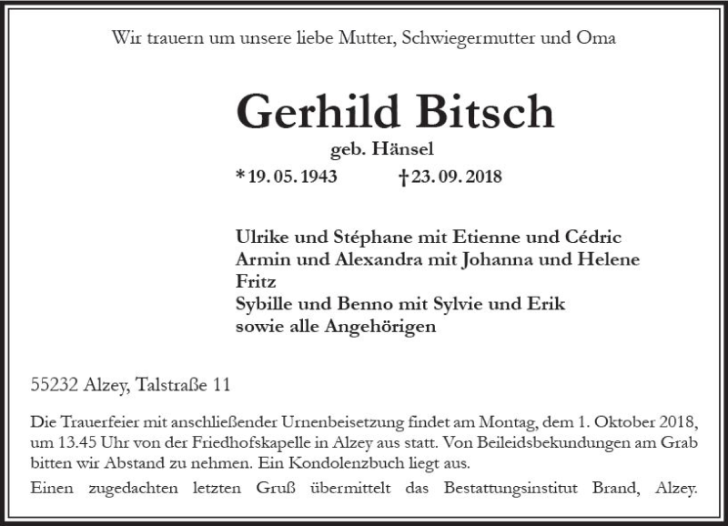  Traueranzeige für Gerhild Bitsch vom 25.09.2018 aus vrm-trauer