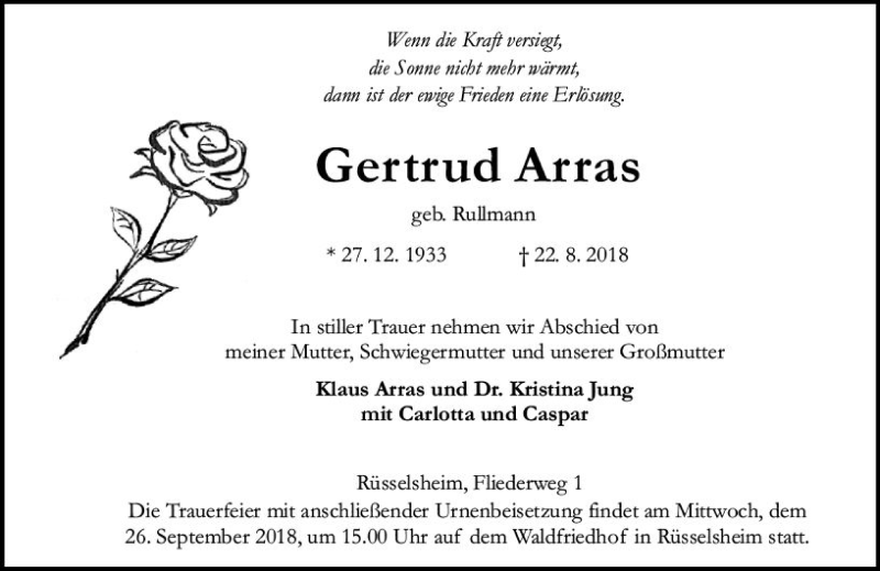  Traueranzeige für Gertrud Arras vom 15.09.2018 aus vrm-trauer