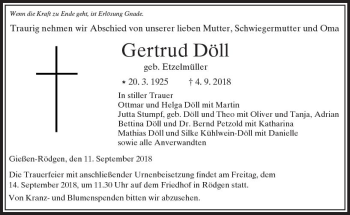 Traueranzeige von Gertrud Döll von  Gießener Anzeiger