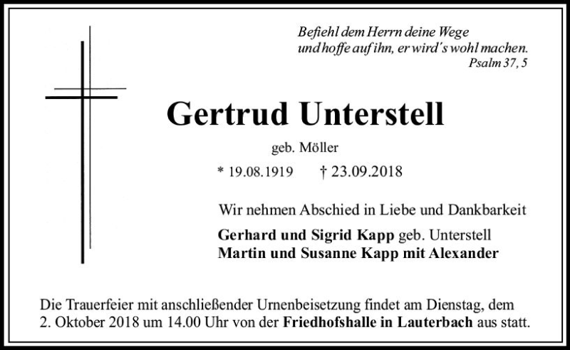  Traueranzeige für Gertrud Unterstell vom 27.09.2018 aus VRM Trauer