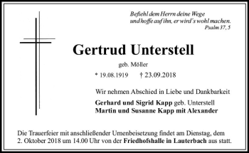 Traueranzeige von Gertrud Unterstell von VRM Trauer