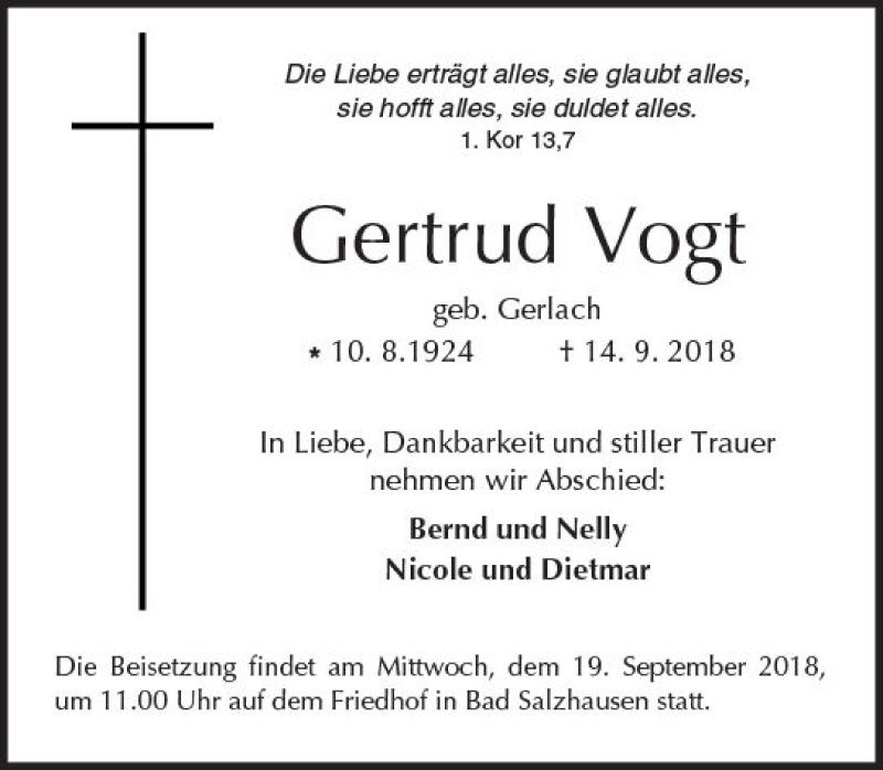 Traueranzeige für Gertrud Vogt vom 18.09.2018 aus  Kreisanzeiger