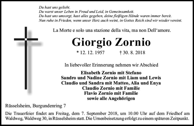  Traueranzeige für Giorgio Zornio vom 05.09.2018 aus vrm-trauer