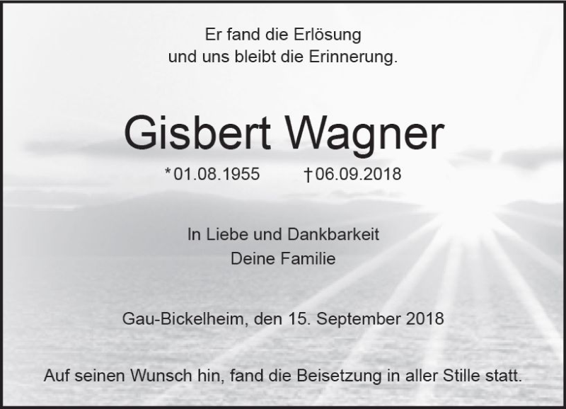  Traueranzeige für Gisbert Wagner vom 15.09.2018 aus vrm-trauer